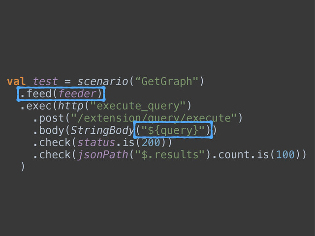  
val test = scenario(“GetGraph")
.feed(feeder) 
.exec(http("execute_query") 
.post("/extension/query/execute") 
.body(StringBody("${query}")) 
.check(status.is(200)) 
.check(jsonPath("$.results").count.is(100)) 
)
