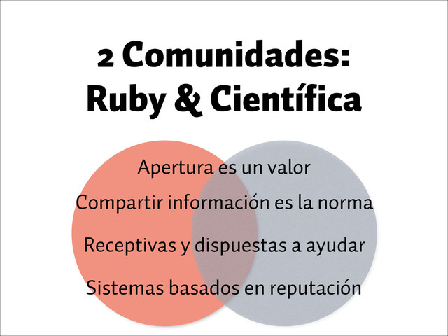 2 Comunidades:
Ruby & Científica
Compartir información es la norma
Apertura es un valor
Sistemas basados en reputación
Receptivas y dispuestas a ayudar
