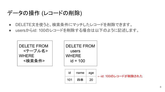 データの操作 (レコードの削除)
● DELETE文を使うと、検索条件にマッチしたレコードを削除できます。
● usersからid: 100のレコードを削除する場合は以下のように記述します。
DELETE FROM
<テーブル名>
WHERE
<検索条件>
8
DELETE FROM
users
WHERE
id = 100
id name age
101 四串 20
←id: 100のレコードが削除された

