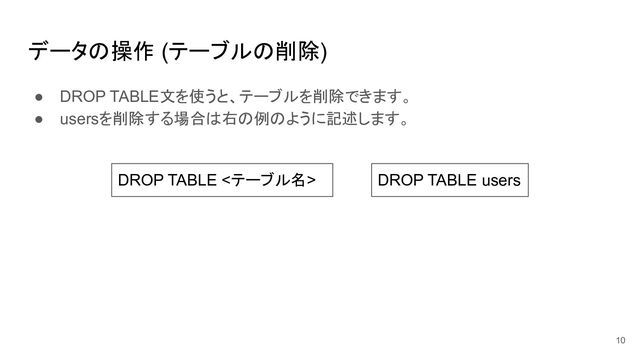 データの操作 (テーブルの削除)
● DROP TABLE文を使うと、テーブルを削除できます。
● usersを削除する場合は右の例のように記述します。
DROP TABLE <テーブル名>
10
DROP TABLE users
