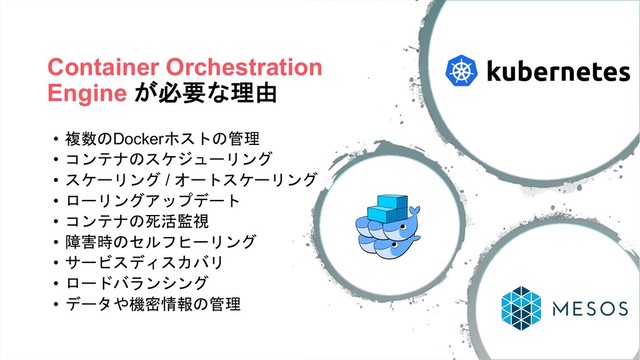 Container Orchestration
Engine (4/0
• 3*Docker2/
• #
$ #
• 
$ # / $
$ #
• "$ # $
• #-.15
• 6&+!$ #
• $
• "$##
• $,')%2/
