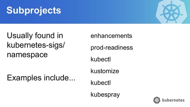 Subprojects
Usually found in
kubernetes-sigs/
namespace
Examples include...
enhancements
prod-readiness
kubectl
kustomize
kubectl
kubespray
