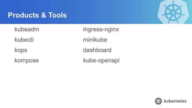 Products & Tools
kubeadm
kubectl
kops
kompose
ingress-nginx
minikube
dashboard
kube-openapi
