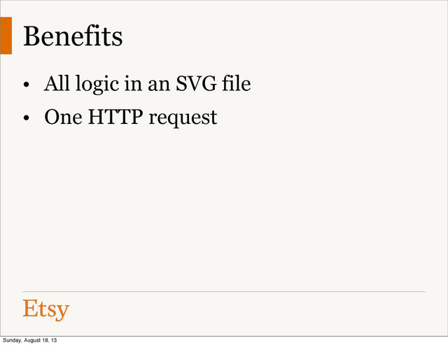 Benefits
• All logic in an SVG file
• One HTTP request
Sunday, August 18, 13
