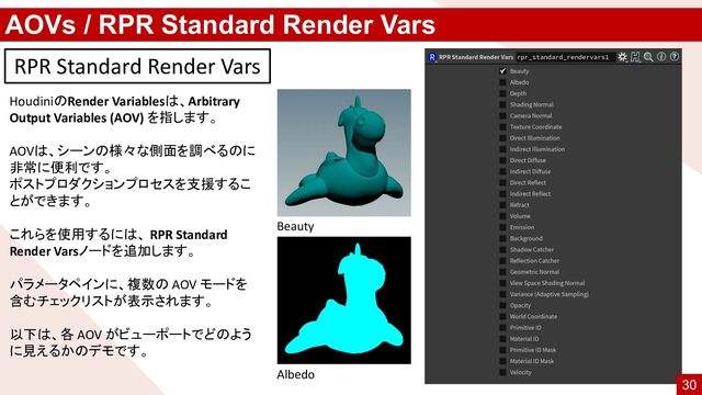 AOVs / RPR Standard Render Vars
RPR Standard Render Vars
HoudiniのRender Variablesは、Arbitrary
Output Variables (AOV) を指します。
AOVは、シーンの様々な側面を調べるのに
非常に便利です。
ポストプロダクションプロセスを支援するこ
とができます。
これらを使用するには、 RPR Standard
Render Varsノードを追加します。
パラメータペインに、複数の AOV モードを
含むチェックリストが表示されます。
以下は、各 AOV がビューポートでどのよう
に見えるかのデモです。
Beauty
Albedo
30
