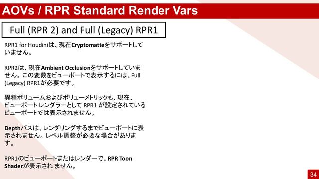 AOVs / RPR Standard Render Vars
RPR1 for Houdiniは、現在Cryptomatteをサポートして
いません。
RPR2は、現在Ambient Occlusionをサポートしていま
せん。 この変数をビューポートで表示するには、Full
(Legacy) RPR1が必要です。
異種ボリュームおよびボリューメトリックも、現在、
ビューポート レンダラーとして RPR1 が設定されている
ビューポートでは表示されません。
Depthパスは、レンダリングするまでビューポートに表
示されません。 レベル調整が必要な場合がありま
す。
RPR1のビューポートまたはレンダーで、RPR Toon
Shaderが表示され ません。
Full (RPR 2) and Full (Legacy) RPR1
34
