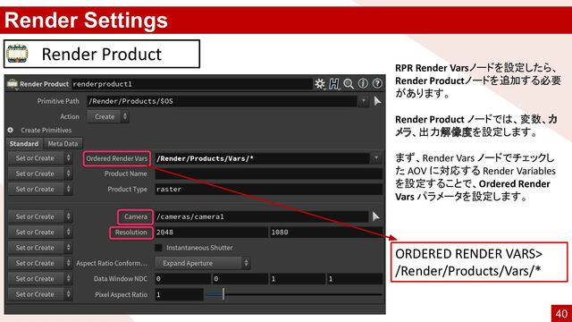 Render Settings
Render Product
RPR Render Varsノードを設定したら、
Render Productノードを追加する必要
があります。
Render Product ノードでは、変数、カ
メラ、出力解像度を設定します。
まず、Render Vars ノードでチェックし
た AOV に対応する Render Variables
を設定することで、Ordered Render
Vars パラメータを設定します。
ORDERED RENDER VARS>
/Render/Products/Vars/*
40
