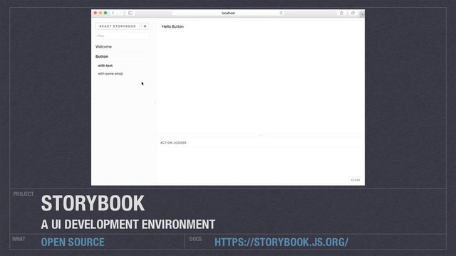 HTTPS://STORYBOOK.JS.ORG/
PROJECT
WHAT DOCS
OPEN SOURCE
STORYBOOK
A UI DEVELOPMENT ENVIRONMENT
