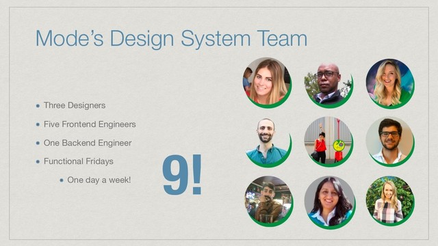 Mode’s Design System Team
Three Designers

Five Frontend Engineers

One Backend Engineer

Functional Fridays

One day a week!
9!
