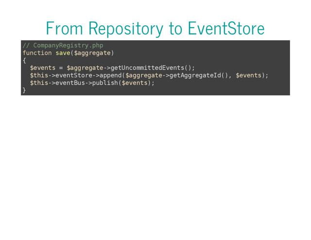 From Repository to EventStore
/
/ C
o
m
p
a
n
y
R
e
g
i
s
t
r
y
.
p
h
p
f
u
n
c
t
i
o
n s
a
v
e
(
$
a
g
g
r
e
g
a
t
e
)
{
$
e
v
e
n
t
s = $
a
g
g
r
e
g
a
t
e
-
>
g
e
t
U
n
c
o
m
m
i
t
t
e
d
E
v
e
n
t
s
(
)
;
$
t
h
i
s
-
>
e
v
e
n
t
S
t
o
r
e
-
>
a
p
p
e
n
d
(
$
a
g
g
r
e
g
a
t
e
-
>
g
e
t
A
g
g
r
e
g
a
t
e
I
d
(
)
, $
e
v
e
n
t
s
)
;
$
t
h
i
s
-
>
e
v
e
n
t
B
u
s
-
>
p
u
b
l
i
s
h
(
$
e
v
e
n
t
s
)
;
}
