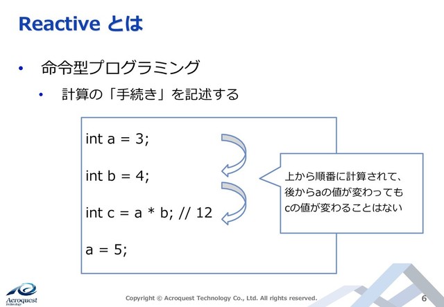 Reactive とは
• 命令型プログラミング
• 計算の「手続き」を記述する
Copyright © Acroquest Technology Co., Ltd. All rights reserved. 6
int a = 3;
int b = 4;
int c = a * b; // 12
a = 5;
上から順番に計算されて、
後からaの値が変わっても
cの値が変わることはない
