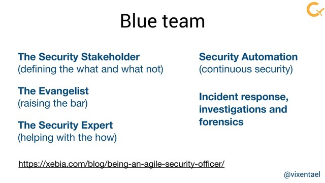 Blue team
The Security Stakeholder 

(deﬁning the what and what not)
The Evangelist
(raising the bar)
The Security Expert
(helping with the how)
Security Automation
(continuous security)
Incident response,
investigations and
forensics
https://xebia.com/blog/being-an-agile-security-oﬃcer/
@vixentael
