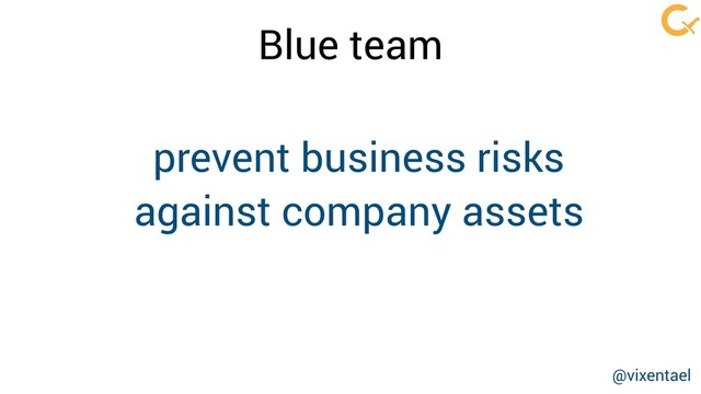 prevent business risks
against company assets
Blue team
@vixentael
