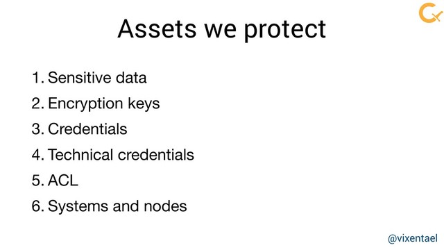 Assets we protect
1. Sensitive data

2. Encryption keys

3. Credentials

4. Technical credentials

5. ACL 

6. Systems and nodes
@vixentael
