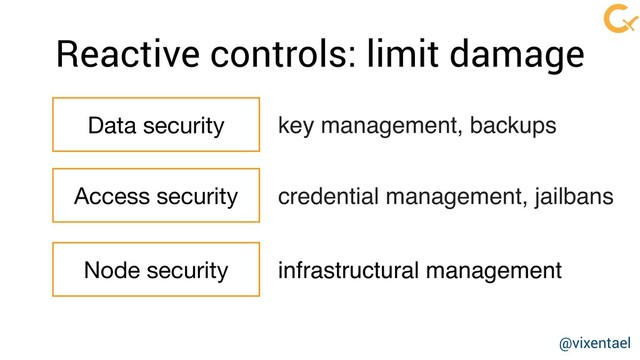 Data security key management, backups
Access security credential management, jailbans
Node security infrastructural management
Reactive controls: limit damage
@vixentael
