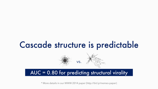 Cascade structure is predictable
AUC = 0.80 for predicting structural virality
* More details in our WWW 2014 paper (http://bit.ly/memes-paper)
vs.
