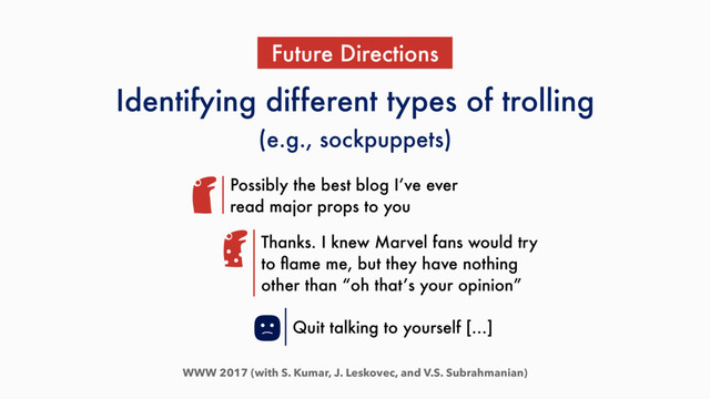 WWW 2017 (with S. Kumar, J. Leskovec, and V.S. Subrahmanian)
Identifying different types of trolling
Future Directions
Possibly the best blog I’ve ever
read major props to you
Thanks. I knew Marvel fans would try
to ﬂame me, but they have nothing
other than “oh that’s your opinion”
Quit talking to yourself […]
(e.g., sockpuppets)
