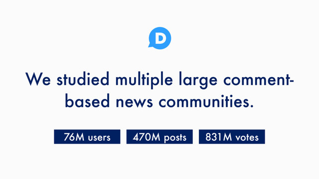 We studied multiple large comment-
based news communities.
470M posts 831M votes
76M users
