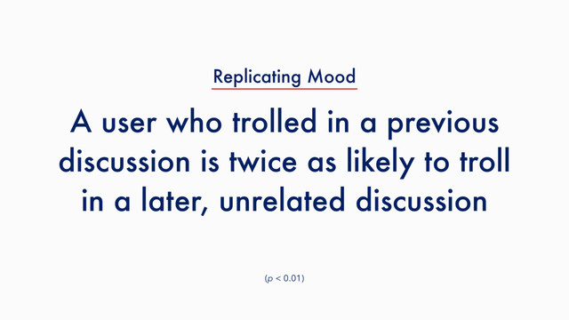 A user who trolled in a previous
discussion is twice as likely to troll
in a later, unrelated discussion
(p < 0.01)
Replicating Mood
