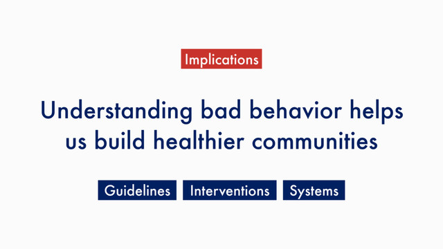 Understanding bad behavior helps
us build healthier communities
Implications
Systems
Guidelines Interventions
