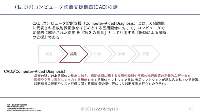 © 20211229 @tdys13 121
(おまけ)コンピュータ診断⽀援機器(CAD)の話
発⾒ 鑑別 ⽣検 治療 ⼿術
CAD :コンピュータ診断⽀援（Computer-Aided Diagnosis）とは、X 線画像
に代表される放射線画像をはじめとする医⽤画像に対して、コンピュータで
定量的に解析された結果 を『第 2 の意⾒』として利⽤する『医師による診断
の⽀援』である。
CADx(Computer-Aided Diagnosis) :
病変の疑いのある部位の検出に加え、病変候補に関する良悪性鑑別や疾病の進⾏度等の定量的なデータを
数値やグラフ等として出⼒する機能を有する単体ソフトウェア⼜は 当該ソフトウェアが組み込まれている装置。
診断結果の候補やリスク評価に関する情報 等の提供等により診断⽀援を⾏うものを含む。
引⽤：薬⽣機審発0523 第2号
PMDA 令和元年5⽉23⽇
次世代医療機器評価指標の公表について
https://www.pmda.go.jp/files/000229738.pdf
