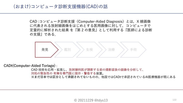 © 20211229 @tdys13 122
(おまけ)コンピュータ診断⽀援機器(CAD)の話
発⾒ 鑑別 ⽣検 治療 ⼿術
CAD :コンピュータ診断⽀援（Computer-Aided Diagnosis）とは，X 線画像
に代表される放射線画像をはじめとする医⽤画像に対して，コンピュータで
定量的に解析された結果 を『第 2 の意⾒』として利⽤する『医師による診断
の⽀援』である．
CADt(Computer-Aided Toriage) :
CAD 技術を応⽤・拡張し、放射線科医が読影する前の撮影直後の画像を分析して、
対処の緊急性の 有無を専⾨医に提⽰・警告する装置。
※まだ⽇本では区分として承認されてないものの、他国ではCADtで承認されているAI医療機器が既にある
