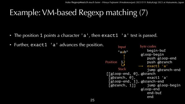 Make Regexp#match much faster - Hiroya Fujinami (@makenowjust) 2023/5/11 RubyKaigi 2023 at Matsumoto, Japan
Example: VM-based Regexp matching (7)

begin-buf


@loop-begin
 
push @loop-end


push @branch


exact1 'a'


jump @branch-end


@branch


exact1 'a'


@branch-end


jump @loop-begin


@loop-end


end-buf


end
"aab"
Input byte codes
2
Position
Stack
[[@loop-end, 0],


[@branch, 0],


[@loop-end, 1],


[@branch, 1]]
‣ The position 1 points a character 'a', then exact1 'a' test is passed.


‣ Further, exact1 'a' advances the position.
1
