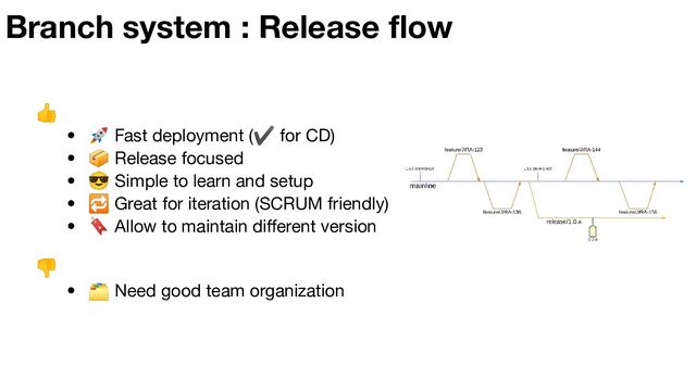👎
• 🗂 Need good team organization
Branch system : Release ﬂow
👍
• 🚀 Fast deployment (✔ for CD)
• 📦 Release focused
• 😎 Simple to learn and setup
• 🔁 Great for iteration (SCRUM friendly)
• 🔖 Allow to maintain diﬀerent version
