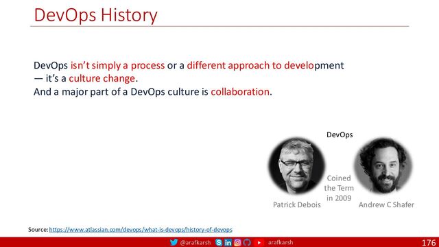 @arafkarsh arafkarsh
DevOps History
176
DevOps isn’t simply a process or a different approach to development
— it’s a culture change.
And a major part of a DevOps culture is collaboration.
Source: https://www.atlassian.com/devops/what-is-devops/history-of-devops
Patrick Debois Andrew C Shafer
Coined
the Term
in 2009
DevOps

