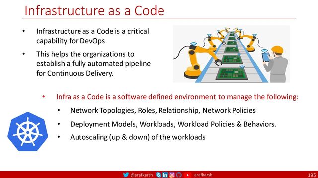@arafkarsh arafkarsh
Infrastructure as a Code
195
• Infrastructure as a Code is a critical
capability for DevOps
• This helps the organizations to
establish a fully automated pipeline
for Continuous Delivery.
• Infra as a Code is a software defined environment to manage the following:
• Network Topologies, Roles, Relationship, Network Policies
• Deployment Models, Workloads, Workload Policies & Behaviors.
• Autoscaling (up & down) of the workloads
