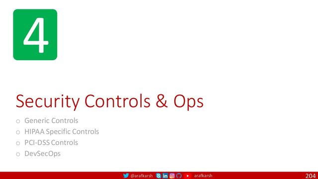 @arafkarsh arafkarsh
4
Security Controls & Ops
o Generic Controls
o HIPAA Specific Controls
o PCI-DSS Controls
o DevSecOps
204
