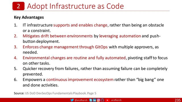 @arafkarsh arafkarsh
Adopt Infrastructure as Code
235
2
Key Advantages
1. IT infrastructure supports and enables change, rather than being an obstacle
or a constraint.
2. Mitigates drift between environments by leveraging automation and push-
button deployment.
3. Enforces change management through GitOps with multiple approvers, as
needed.
4. Environmental changes are routine and fully automated, pivoting staff to focus
on other tasks.
5. Quicker recovery from failures, rather than assuming failure can be completely
prevented.
6. Empowers a continuous improvement ecosystem rather than “big bang” one
and done activities.
Source: US DoD DevSecOps Fundamentals Playbook. Page 5
