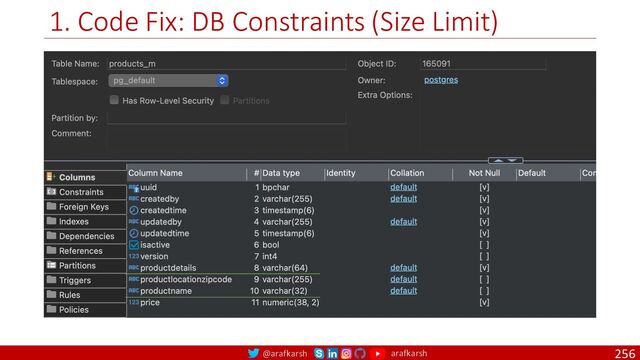 @arafkarsh arafkarsh
1. Code Fix: DB Constraints (Size Limit)
256
