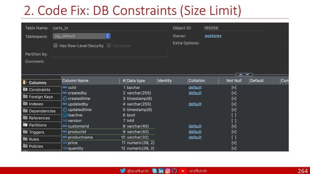 @arafkarsh arafkarsh
2. Code Fix: DB Constraints (Size Limit)
264
