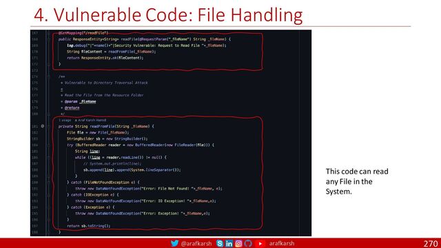 @arafkarsh arafkarsh
4. Vulnerable Code: File Handling
270
This code can read
any File in the
System.
