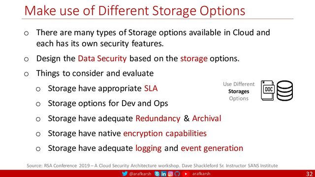 @arafkarsh arafkarsh
Make use of Different Storage Options
32
Source: RSA Conference 2019 – A Cloud Security Architecture workshop. Dave Shackleford Sr. Instructor SANS Institute
Use Different
Storages
Options
o There are many types of Storage options available in Cloud and
each has its own security features.
o Design the Data Security based on the storage options.
o Things to consider and evaluate
o Storage have appropriate SLA
o Storage options for Dev and Ops
o Storage have adequate Redundancy & Archival
o Storage have native encryption capabilities
o Storage have adequate logging and event generation
