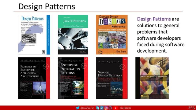 @arafkarsh arafkarsh 356
Design Patterns are
solutions to general
problems that
software developers
faced during software
development.
Design Patterns

