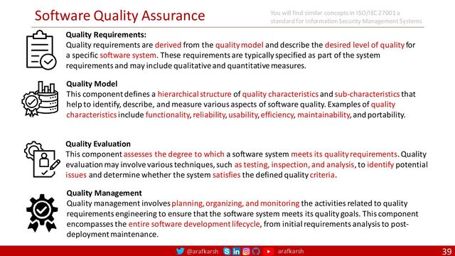 @arafkarsh arafkarsh
Software Quality Assurance
39
Quality Model
This component defines a hierarchical structure of quality characteristics and sub-characteristics that
help to identify, describe, and measure various aspects of software quality. Examples of quality
characteristics include functionality, reliability, usability, efficiency, maintainability, and portability.
Quality Requirements:
Quality requirements are derived from the quality model and describe the desired level of quality for
a specific software system. These requirements are typically specified as part of the system
requirements and may include qualitative and quantitative measures.
Quality Evaluation
This component assesses the degree to which a software system meets its quality requirements. Quality
evaluation may involve various techniques, such as testing, inspection, and analysis, to identify potential
issues and determine whether the system satisfies the defined quality criteria.
Quality Management
Quality management involves planning, organizing, and monitoring the activities related to quality
requirements engineering to ensure that the software system meets its quality goals. This component
encompasses the entire software development lifecycle, from initial requirements analysis to post-
deployment maintenance.
You will find similar concepts in ISO/IEC 27001 a
standard for Information Security Management Systems
