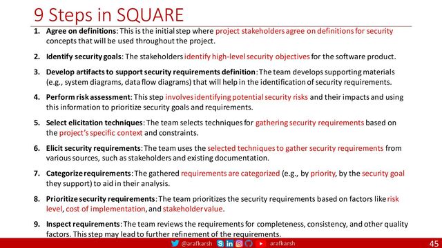@arafkarsh arafkarsh
9 Steps in SQUARE
45
1. Agree on definitions: This is the initial step where project stakeholders agree on definitions for security
concepts that will be used throughout the project.
2. Identify security goals: The stakeholders identify high-level security objectives for the software product.
3. Develop artifacts to support security requirements definition: The team develops supporting materials
(e.g., system diagrams, data flow diagrams) that will help in the identification of security requirements.
4. Perform risk assessment: This step involves identifying potential security risks and their impacts and using
this information to prioritize security goals and requirements.
5. Select elicitation techniques: The team selects techniques for gathering security requirements based on
the project’s specific context and constraints.
6. Elicit security requirements: The team uses the selected techniques to gather security requirements from
various sources, such as stakeholders and existing documentation.
7. Categorize requirements: The gathered requirements are categorized (e.g., by priority, by the security goal
they support) to aid in their analysis.
8. Prioritize security requirements: The team prioritizes the security requirements based on factors like risk
level, cost of implementation, and stakeholder value.
9. Inspect requirements: The team reviews the requirements for completeness, consistency, and other quality
factors. This step may lead to further refinement of the requirements.
