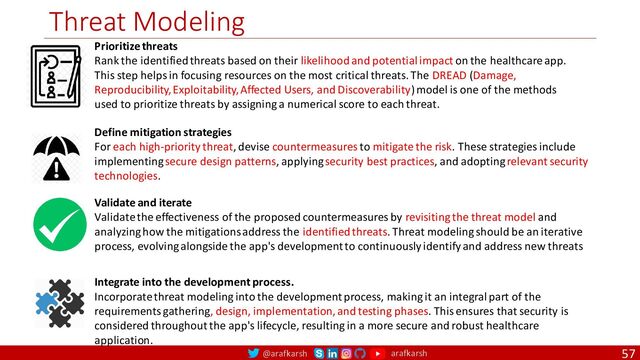 @arafkarsh arafkarsh
Threat Modeling
57
Define mitigation strategies
For each high-priority threat, devise countermeasures to mitigate the risk. These strategies include
implementing secure design patterns, applying security best practices, and adopting relevant security
technologies.
Validate and iterate
Validate the effectiveness of the proposed countermeasures by revisiting the threat model and
analyzing how the mitigations address the identified threats. Threat modeling should be an iterative
process, evolving alongside the app's development to continuously identify and address new threats
Integrate into the development process.
Incorporate threat modeling into the development process, making it an integral part of the
requirements gathering, design, implementation, and testing phases. This ensures that security is
considered throughout the app's lifecycle, resulting in a more secure and robust healthcare
application.
Prioritize threats
Rank the identified threats based on their likelihood and potential impact on the healthcare app.
This step helps in focusing resources on the most critical threats. The DREAD (Damage,
Reproducibility, Exploitability, Affected Users, and Discoverability) model is one of the methods
used to prioritize threats by assigning a numerical score to each threat.
