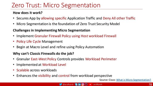 @arafkarsh arafkarsh
Zero Trust: Micro Segmentation
78
Source: Cisco: What is Micro Segmentation?
How does it work?
• Secures App by allowing specific Application Traffic and Deny All other Traffic
• Micro Segmentation is the foundation of Zero Trust Security Model
Challenges in Implementing Micro Segmentation
• Implement Granular Firewall Policy using Host workload Firewall
• Policy Life Cycle Management
• Begin at Macro Level and refine using Policy Automation
Why can’t Classic Firewalls do the job?
• Granular East-West Policy Controls provides Workload Perimeter
• Implemented at Workload Level
• Scalable across workloads
• Enhances the visibility and control from workload perspective
