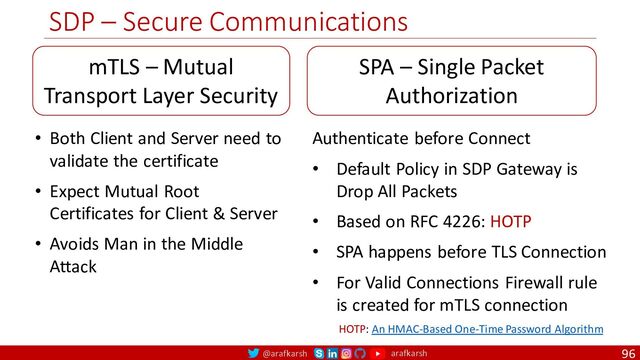 @arafkarsh arafkarsh
SDP – Secure Communications
96
mTLS – Mutual
Transport Layer Security
SPA – Single Packet
Authorization
• Both Client and Server need to
validate the certificate
• Expect Mutual Root
Certificates for Client & Server
• Avoids Man in the Middle
Attack
HOTP: An HMAC-Based One-Time Password Algorithm
Authenticate before Connect
• Default Policy in SDP Gateway is
Drop All Packets
• Based on RFC 4226: HOTP
• SPA happens before TLS Connection
• For Valid Connections Firewall rule
is created for mTLS connection
