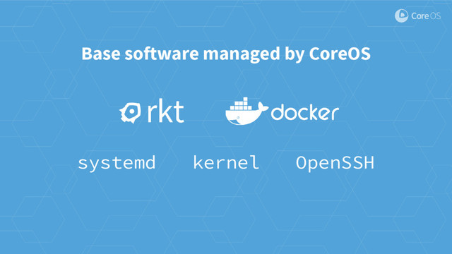 Base software managed by CoreOS
systemd kernel OpenSSH
