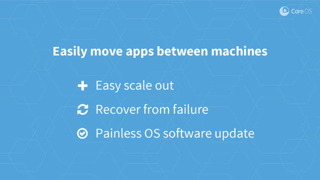 Easily move apps between machines
Easy scale out
Recover from failure
Painless OS software update
