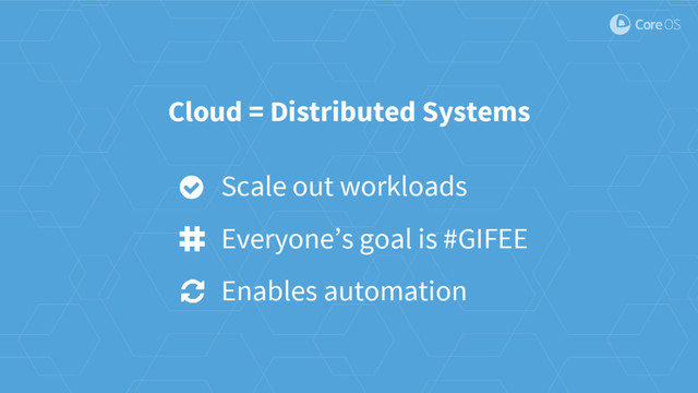 Scale out workloads
Everyone’s goal is #GIFEE
Enables automation
Cloud = Distributed Systems
