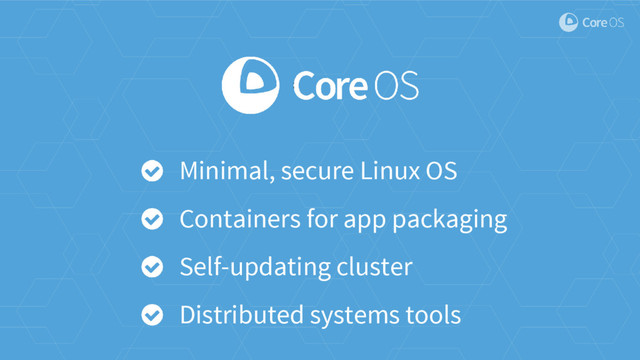 Minimal, secure Linux OS
Containers for app packaging
Self-updating cluster
Distributed systems tools
