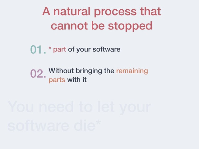 You need to let your
software die*
* part of your software
01.
02. Without bringing the remaining
parts with it
A natural process that
cannot be stopped
