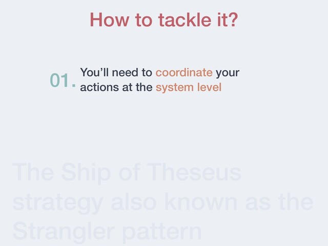 The Ship of Theseus
strategy also known as the
Strangler pattern
How to tackle it?
You’ll need to coordinate your
actions at the system level
01.
