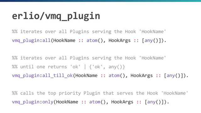 erlio/vmq_plugin
%% iterates over all Plugins serving the Hook 'HookName'
vmq_plugin:all(HookName :: atom(), HookArgs :: [any()]).
%% iterates over all Plugins serving the Hook 'HookName'
%% until one returns 'ok' | {'ok', any()}
vmq_plugin:all_till_ok(HookName :: atom(), HookArgs :: [any()]).
%% calls the top priority Plugin that serves the Hook 'HookName'
vmq_plugin:only(HookName :: atom(), HookArgs :: [any()]).
