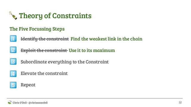 32
 Chris O’Dell - @chrisannodell
 Theory of Constraints
Identify the constraint Find the weakest link in the chain
Exploit the constraint Use it to its maximum
Subordinate everything to the Constraint
Elevate the constraint
Repeat





The Five Focussing Steps
